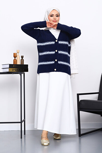 İmajButik Navy Blue V-Neck Angora Soft Cardigan