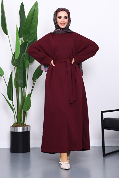 İmajButik Plum Belted Three-Thread Dress