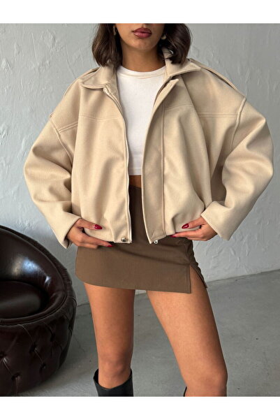 VELZANA Stone Color Bomber Short Cashmere Coat Jacket
