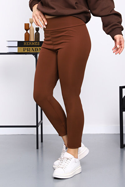 İmajButik Brown High Waist Fleece-Lined Diver Leggings