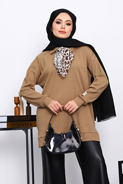 İmajButik Camel Tunic with Scarf Detail on the Collar