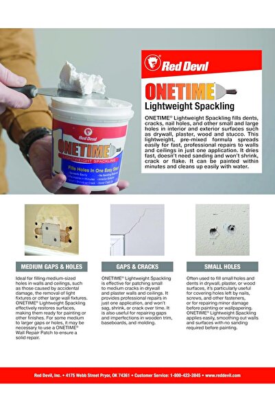 Red Devil One Time Lightweight Spackling Paste, 1/2 Pint (8 fl oz) White - Model 0542