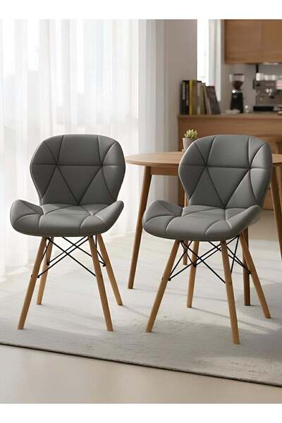 Taimi Set of 2 - Modern Dining Chair, PU Leather Seat, Natural Wood Legs, Scandinavian Design , Gray