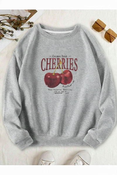 one button Unisex Cherries Printed Crew Neck Regular Sweatshirt 100% Cotton