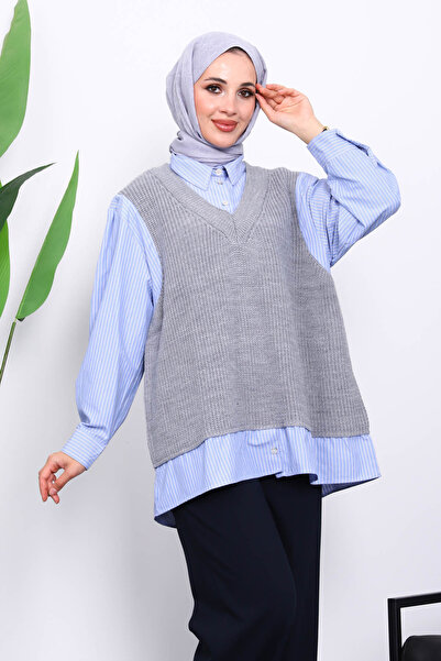 İmajButik Γκρι πλεκτό πουκάμισο συνδυασμός υφασμάτων