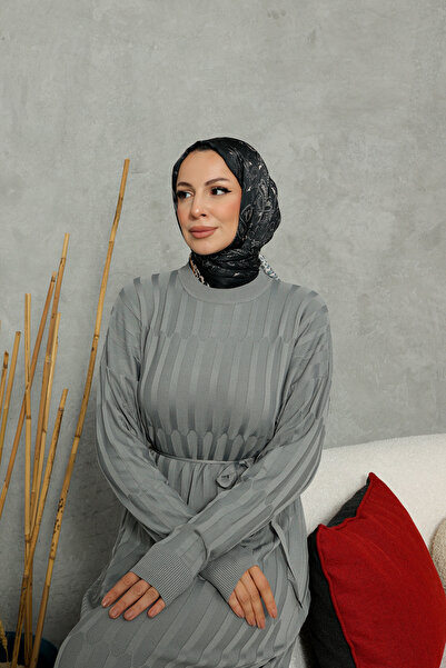 NEW DAĞ Knitwear Patterned Belted Hijab Dress