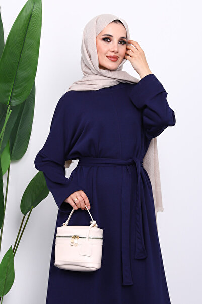 İmajButik Navy Blue Belted Three Thread Dress