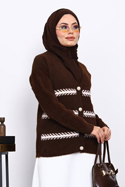İmajButik Brown V-Neck Angora Soft Cardigan