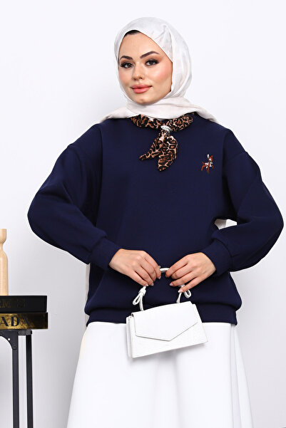 İmajButik Μπλε σκούρο φουλάρι με αξεσουάρ Ceylan, κεντημένο με τρεις κλωστές