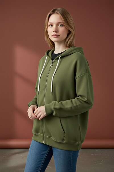 BUSEM Premium Kapşonlu Oversize Fermuarlı İçi Tüylü Hırka Sweatshirt-Yeşil