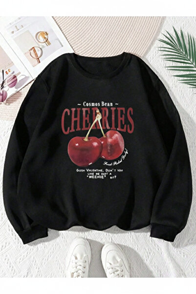one button Hanorac unisex cu imprimeu cu cireșe, cu gât rotund, 100% bumbac