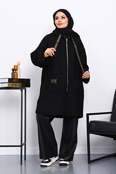 İmajButik Black Hooded Boucle Coat with Pocket Detail