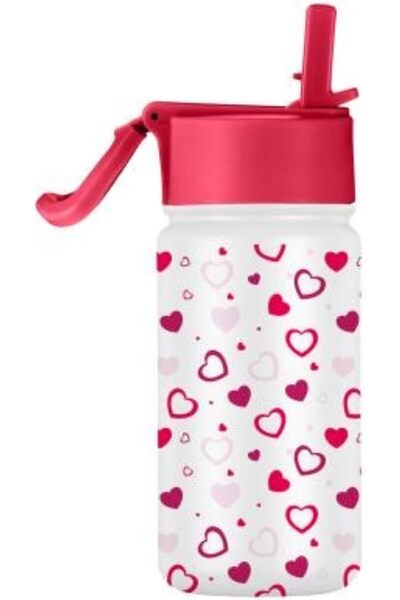 SOLARA زجاجة مياه معزولة للأطفال من الفولاذ المقاوم للصدأ مع شفاطة، قلوب، 450 مل