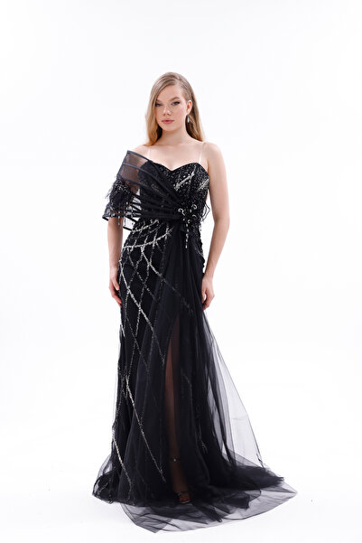 BDM Exclusive Tek Omuz Tül Drapeli Kristal İşlemeli Yırtmaçlı Mavi Şifon Abiye Elbise