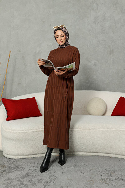 NEW DAĞ Knitwear Patterned Belted Hijab Dress