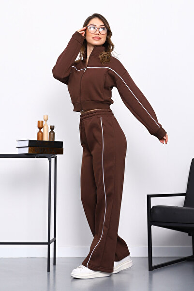 İmajButik Brown Three Thread Sweat Cardigan Trouser Set