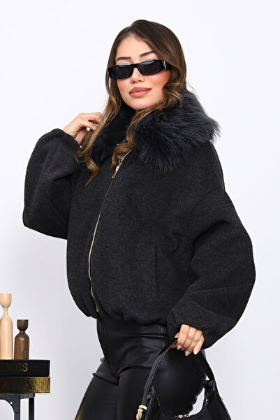 İmajButik Black Collar Fur Oversized Bomber Cashmere Jacket