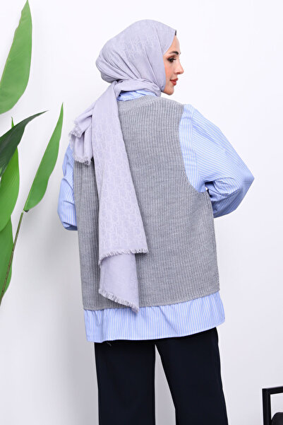 İmajButik Γκρι πλεκτό πουκάμισο συνδυασμός υφασμάτων