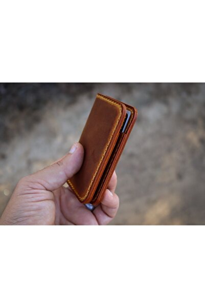 Derici Amca Genuine Cowhide Leather, Handmade Minimal Vertical Card Holder Wallet 4 Compartments Camel