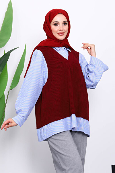 İmajButik Burgundy Knitwear Paneled Shirt