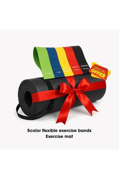 Primo Plus 5-piece exercise resistance band set with an anti-tear exercise mat and carrying strap for workouts