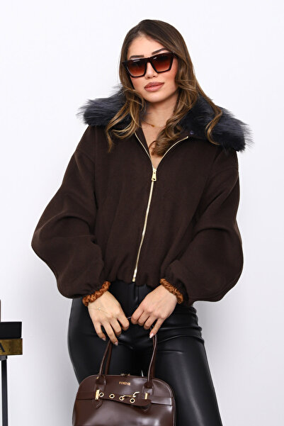 İmajButik Brown Collar Fur Oversized Bomber Cashmere Jacket