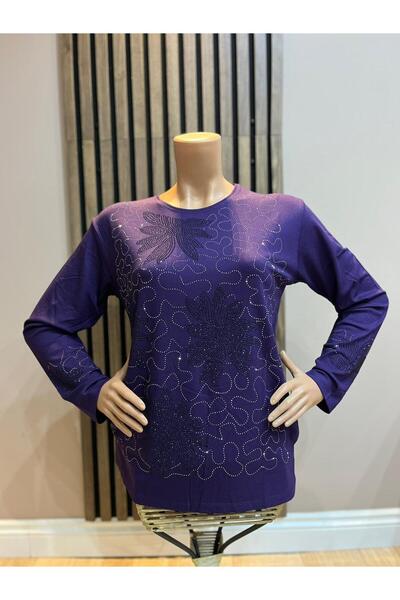 AKMAVİ Kadın Orta Yaş Ve Üzeri 3 Yapraklı Taşlı Mürdüm Anne Penye Bluz