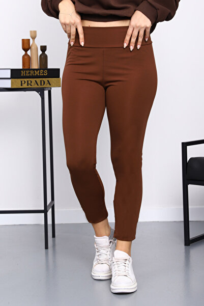 İmajButik Brown High Waist Fleece-Lined Diver Leggings