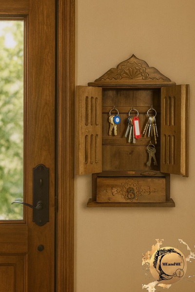 meandme El Oyması Ahşap Anahtarlık Dolabı | Duvar Tipi Kapaklı & Çekmeceli
