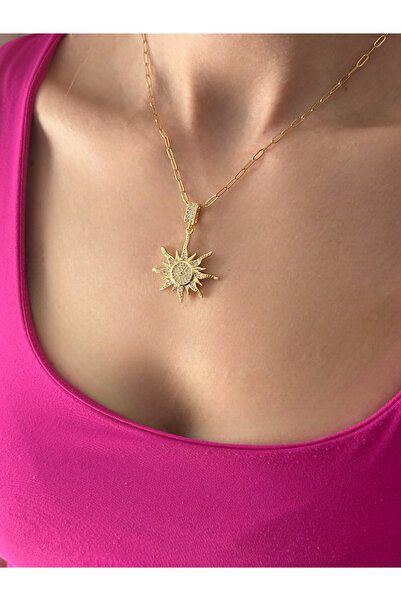 BİJUKO TAKI Stilinizi Parlatın Soleil Necklace with Stone Sun Shape Pendant D...