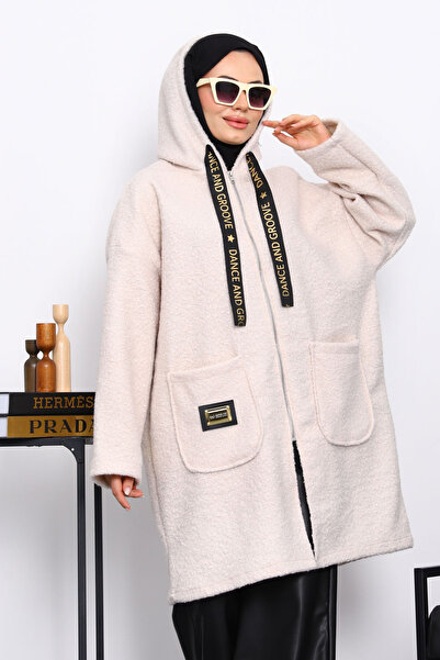 İmajButik Stone Hooded Boucle Coat with Pocket Detail