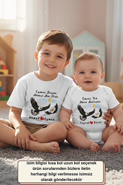 Asilcomkids 🦅 Abisine Özel Hediye! | Kişiye Özel Kartal Temalı Abi Kardeş Kombini Tişört & Zıbın Seti