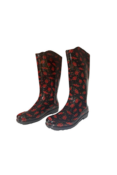 Emek Γυναικείες μπότες βροχής κήπου μήκους 35 εκ. με κόκκινο μαύρο λουλουδάτο σχέδιο EMKK309-210