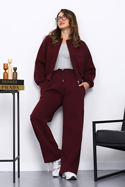 İmajButik Plum Three Thread Sweat Cardigan Trouser Set
