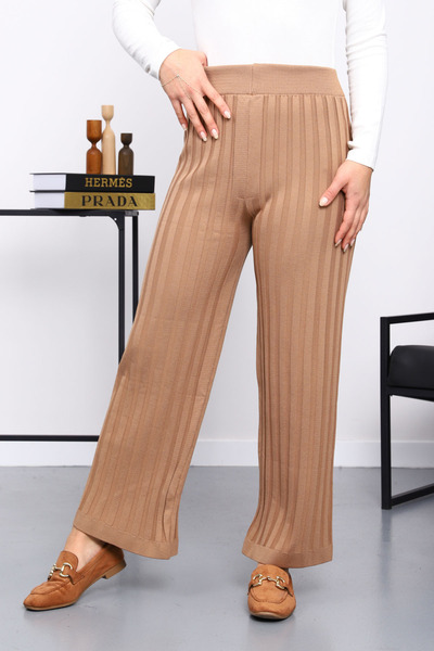 İmajButik Biscuit High Waist Corded Fabric Wide Leg Knitwear Trousers