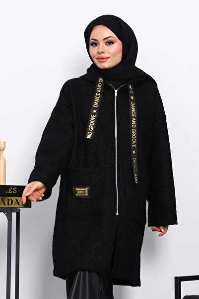 İmajButik Black Hooded Boucle Coat with Pocket Detail