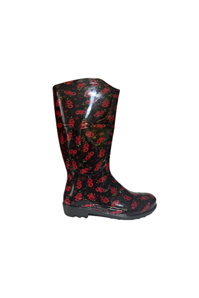 Emek Γυναικείες μπότες βροχής κήπου μήκους 35 εκ. με κόκκινο μαύρο λουλουδάτο σχέδιο EMKK309-210