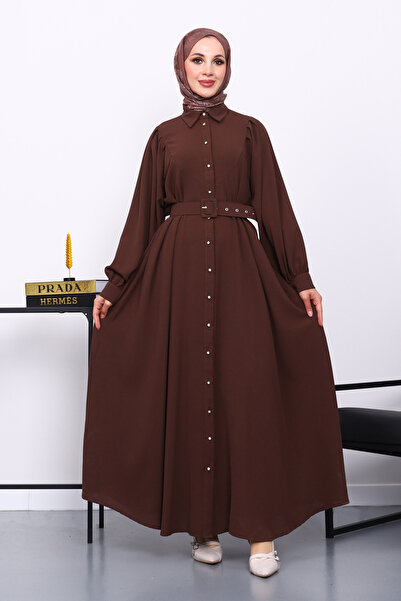 İmajButik Φόρεμα με καφέ ζώνη μέσης