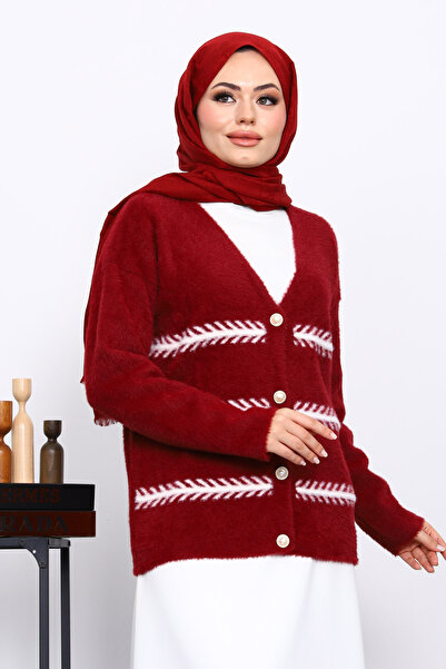 İmajButik Burgundy V-Neck Angora Soft Cardigan