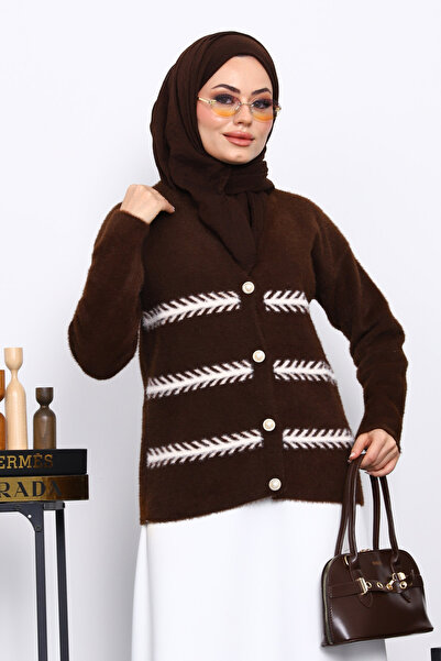 İmajButik Brown V-Neck Angora Soft Cardigan
