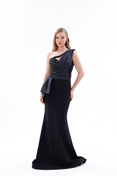 BDM Exclusive Krep Drapeli Asimetrik Taş İşlemeli Uzun Premium Abiye Elbise