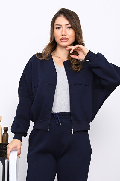 İmajButik Navy Blue Three Thread Sweat Cardigan Trouser Set