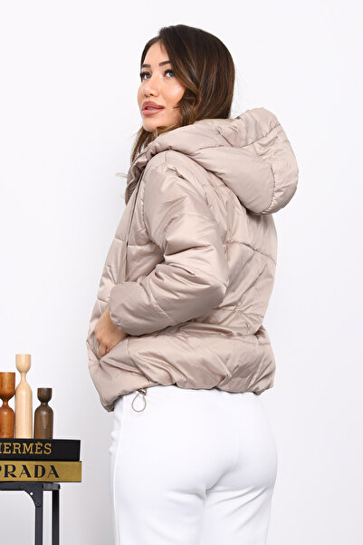 İmajButik Beige Hooded Short Puffer Jacket