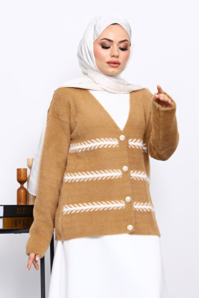 İmajButik Mink V-Neck Angora Soft Cardigan