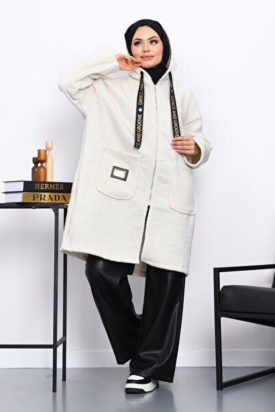İmajButik Ecru Hooded Boucle Coat with Pocket Detail