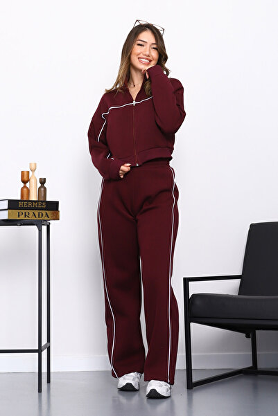 İmajButik Plum Three Thread Sweat Cardigan Trouser Set