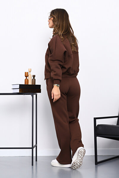 İmajButik Brown Three Thread Sweat Cardigan Trouser Set