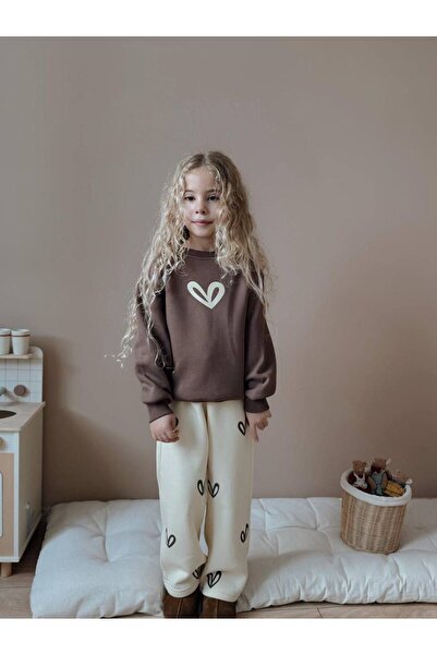 YİGİT BUTİK Kalp Printed Wide Leg Girls' Top and Bottom Set