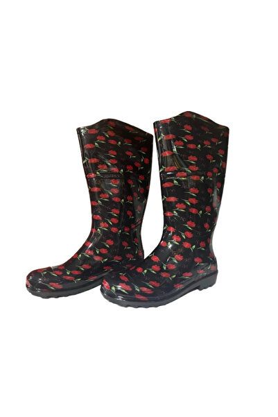 Emek Γυναικείες μπότες βροχής μαύρες-κόκκινες Tulip Garden EMK2036-97