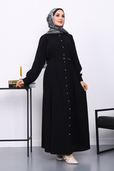 İmajButik Μαύρο φόρεμα με ζώνη στη μέση